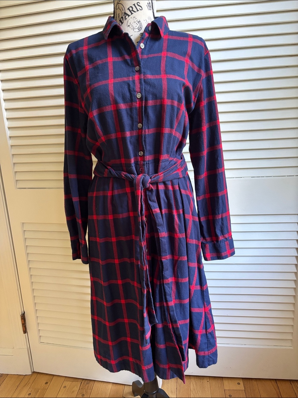 J.Crew Navy Red Plaid Belted Button Front Shirtdress 12